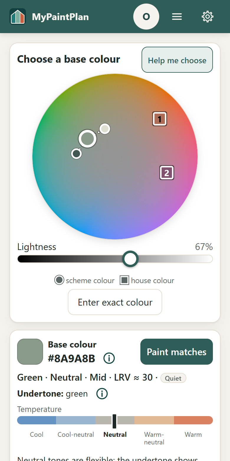 The MyPaintPlan Colours screen on a phone: Help me choose beside a colour wheel with two numbered house colours, followed by the base colour description and temperature scale.
