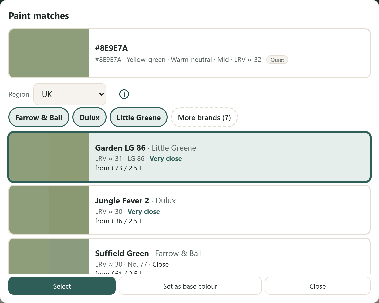 The Paint matches dialog for a quiet green from the colour wheel, with region set to UK and brand chips for Farrow & Ball, Dulux and Little Greene. Matching paints are listed closest first, each with a large swatch pair showing the target beside the paint and a closeness label: Garden LG 86 and Jungle Fever 2 are Very close, Suffield Green is Close.